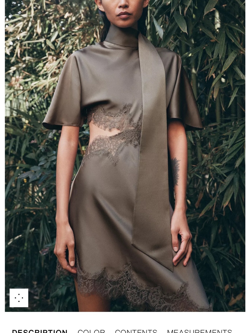 Zara Olive Satin Mini Dress with Lace Insets and Neck Tie